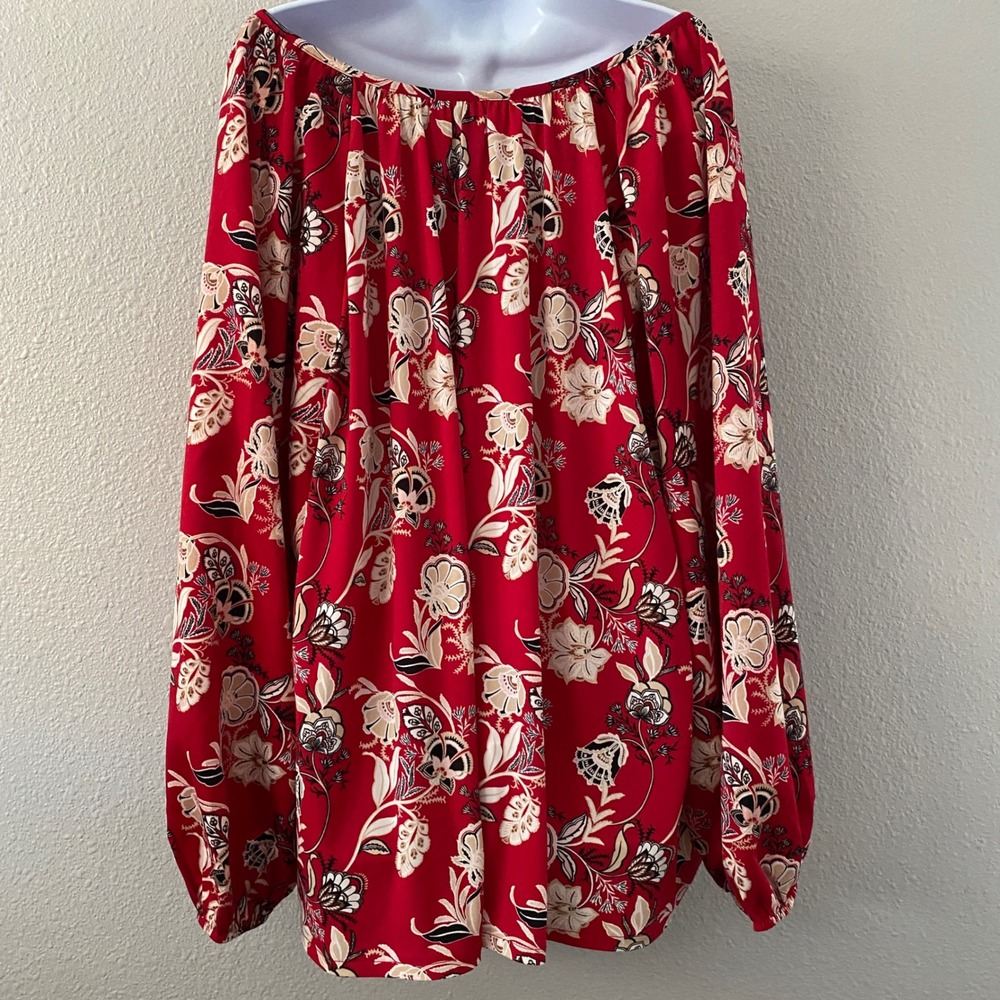 Lane Bryant Red Floral Blouse 26/28 County Cowgirl Cottagecore Boho Chic Flowy - Picture 2 of 8